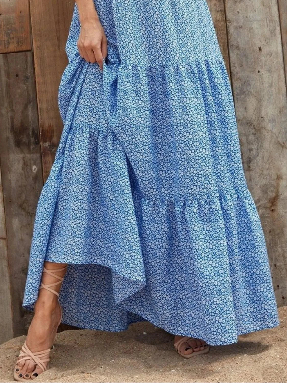 Printed V-Neck Ruffled Cap Sleeve Maxi Dress - Tigbul's Variety Fashion Shop
