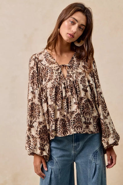 BiBi Printed Woven Front Tied Blouse with Baloon Sleeve - Tigbul's Variety Fashion Shop
