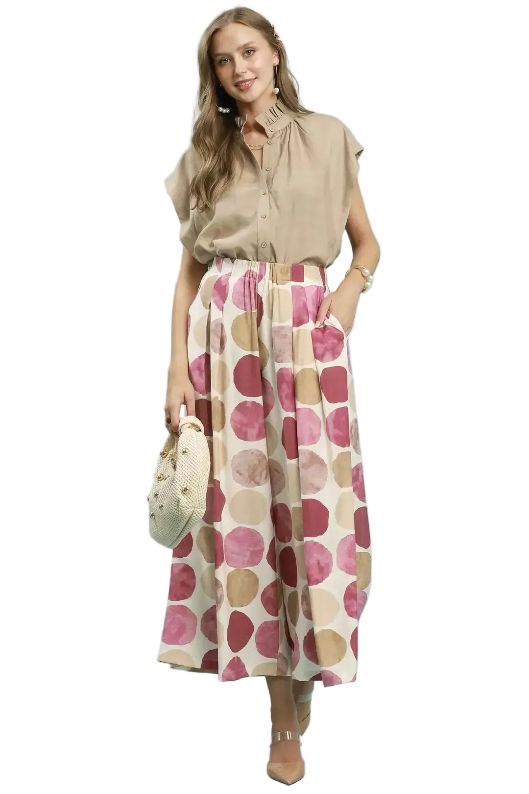Pink Mix Dot Print Wide Leg Pants | Tigbuls Variety Fashion Shop
