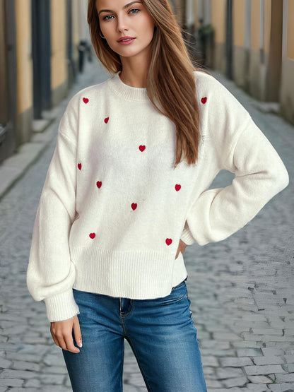 Heart Round Neck Long Sleeve Sweater - Tigbul's Variety Fashion Shop