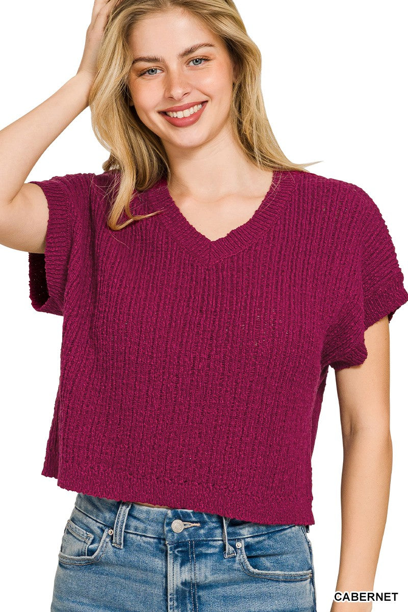 Zenana textured knit V-neck cropped sweater in CABERNET, short sleeves