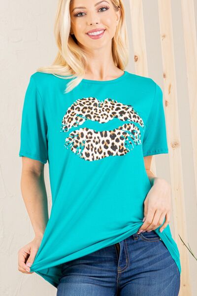 Green Leopard Lip Round Neck Short Sleeve T-Shirt Plus Size - Tigbul's Variety Fashion Shop