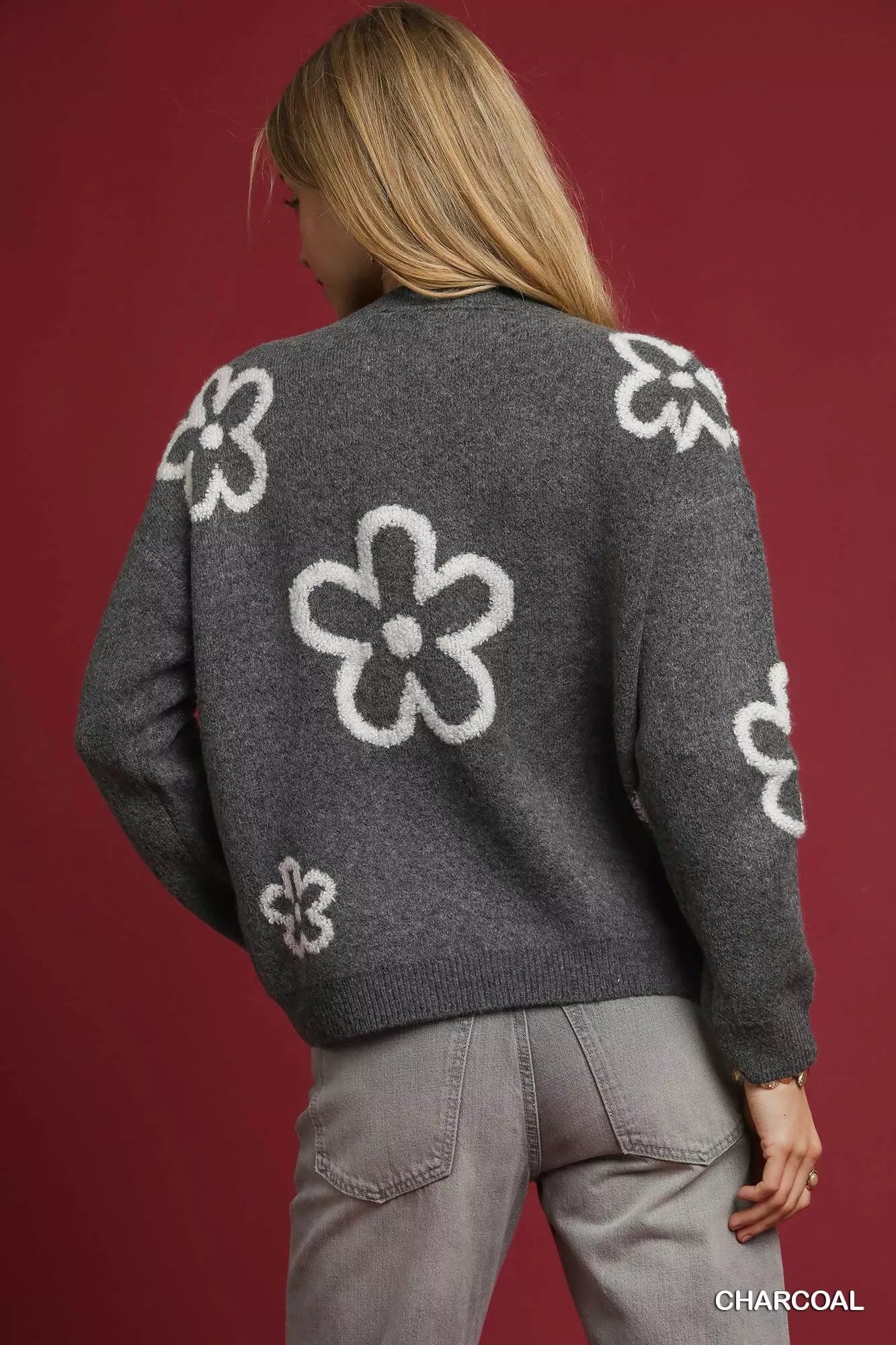 Umgee Round Neck Sweater with Pink Floral Accents - Tigbul's Variety Fashion Shop