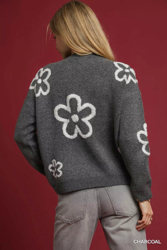 Umgee Round Neck Sweater with Pink Floral Accents - Tigbul's Variety Fashion Shop