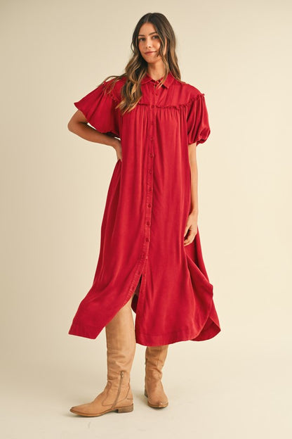 Deep Red Mineral Washed Button Down Puff Sleeve Shirt Dress - Tigbul's Variety Fashion Shop