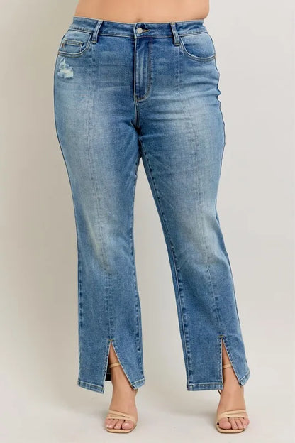 Judy Blue Full Size High Waist Vintage Wash Front Seam & Slit Straight Plus Size - Tigbul's Variety Fashion Shop