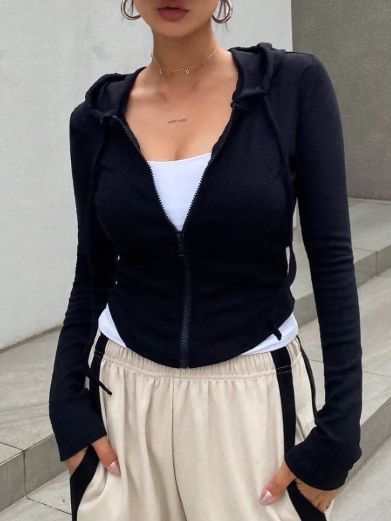 Ribbed Knit Cropped Zip-Up Outerwear - Tigbul's Variety Fashion Shop