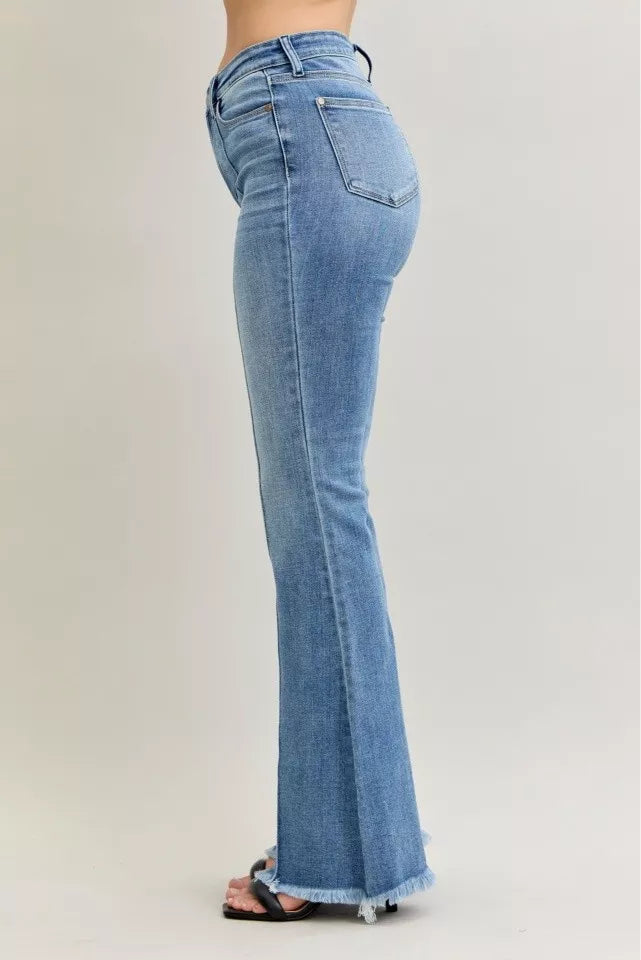 Judy Blue High Waist Flare Fray Hem Jeans with Front Pintuck Detail - Tigbul's Variety Fashion Shop