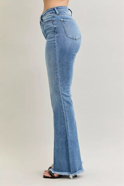 Judy Blue High Waist Flare Fray Hem Jeans with Front Pintuck Detail - Tigbul's Variety Fashion Shop