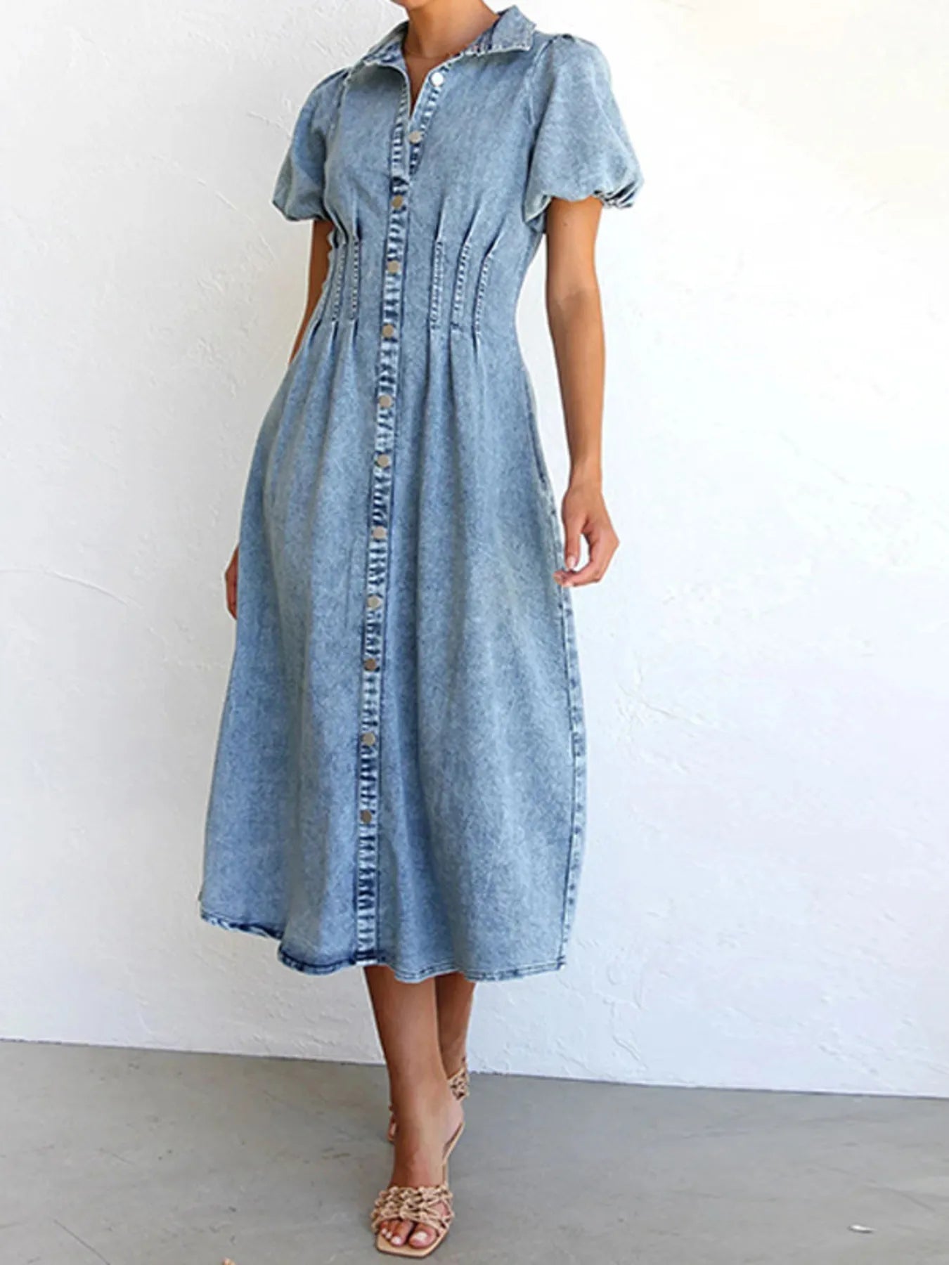 Puff Sleeve Button Front Denim Midi Dress - Tigbul's Variety Fashion Shop