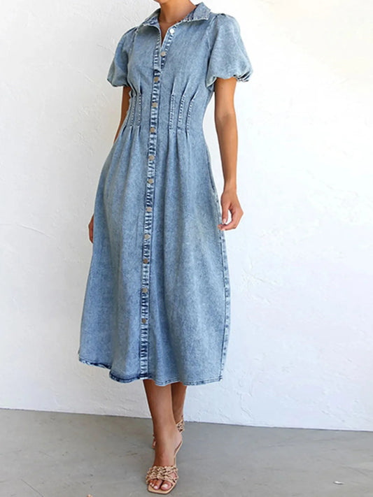 Puff Sleeve Button Front Denim Midi Dress - Tigbul's Variety Fashion Shop