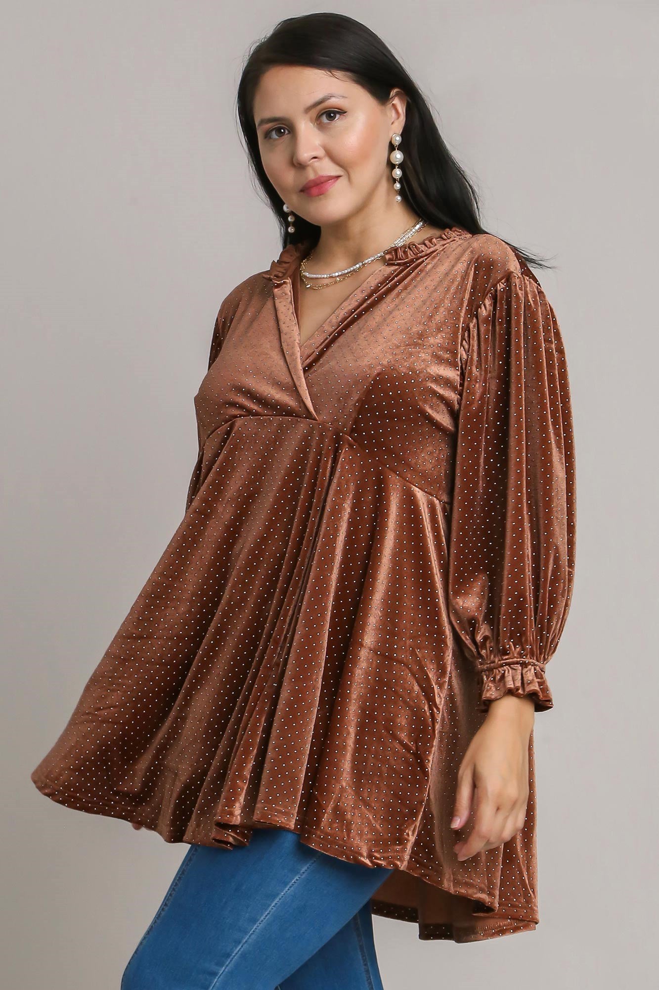 Beaded Brown Velvet Babydoll Blouse - Tigbul's Variety Fashion Shop