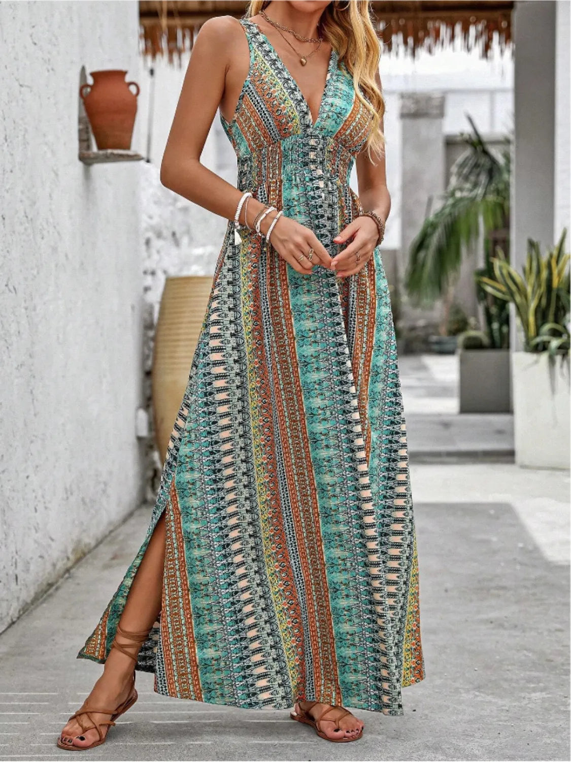 Tied Back Printed Sleeveless Maxi Slit Dress - Tigbul's Variety Fashion Shop