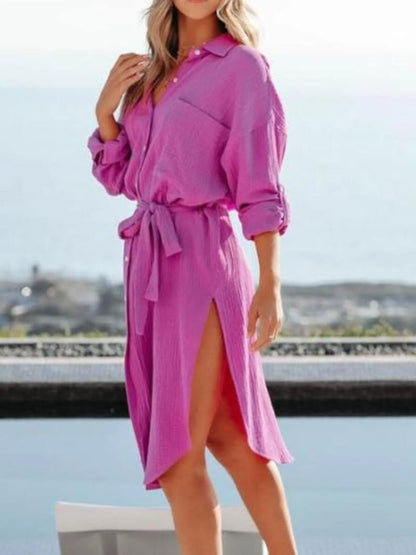 Button Down Tie Waist Shirt Dress - Tigbul's Variety Fashion Shop