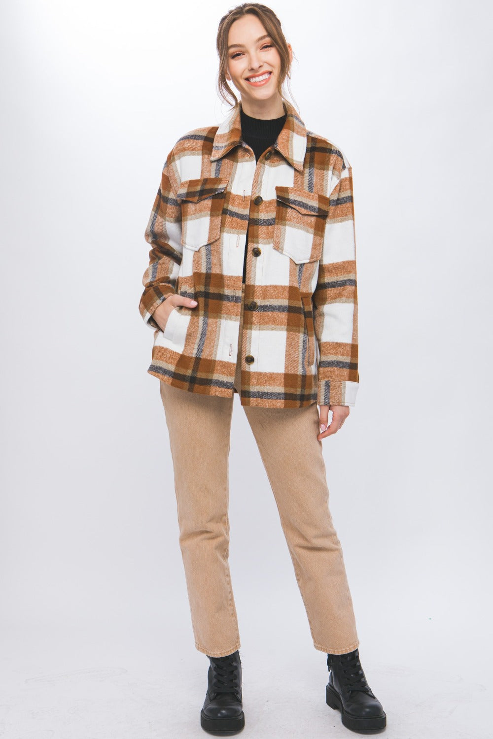 Tan Plaid Button Up Shacket | Tigbuls Variety Fashion