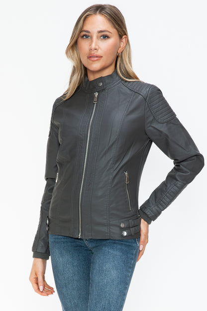 Charcoal Faux Leather Biker Jacket with Side Zip Pockets