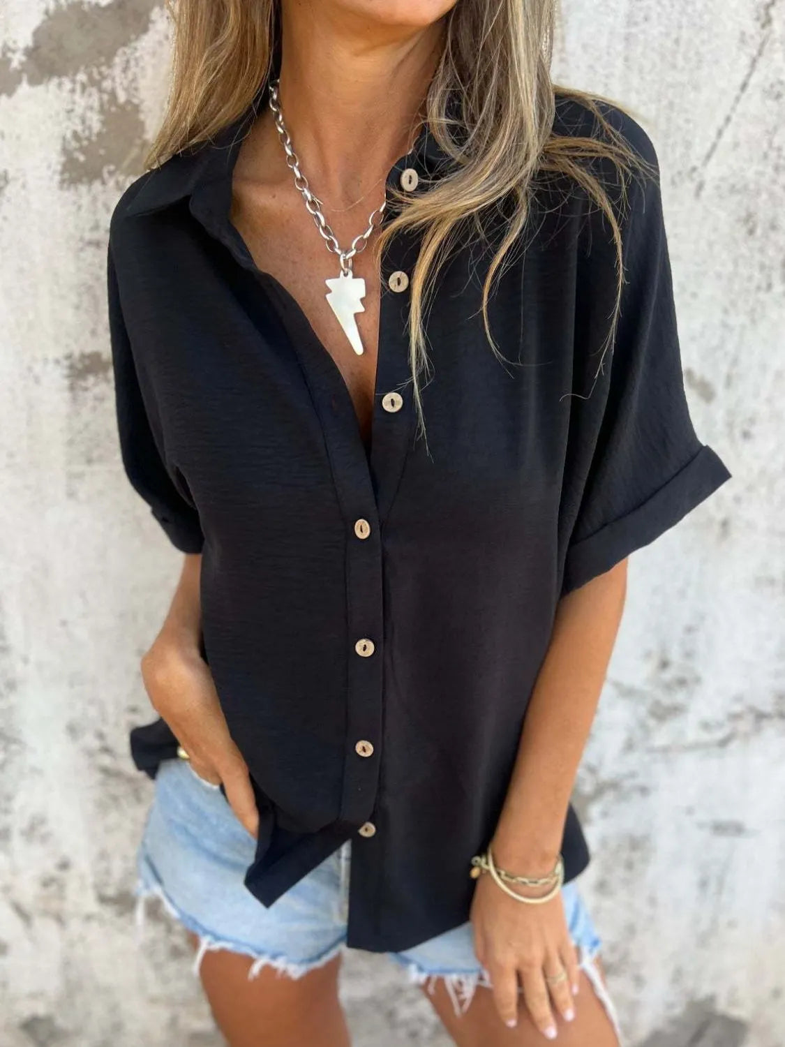 Full Size Collared Neck Half Sleeve Shirt - Tigbul's Variety Fashion Shop