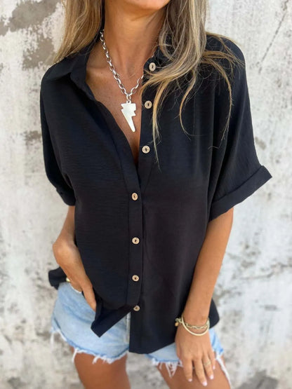 Full Size Collared Neck Half Sleeve Shirt - Tigbul's Variety Fashion Shop