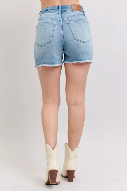 Judy Blue High Waist Western Embroidery Detail Cut Off Denim Shorts - Tigbul's Variety Fashion Shop