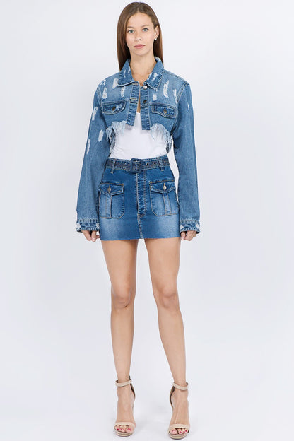 American Bazi Distressed Denim Jacket with Frayed Hem - Tigbul's Variety Fashion Shop