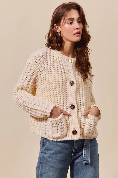 SO ME Metal Button Long Sleeve Chunky Sweater Cardigan - Tigbul's Variety Fashion Shop