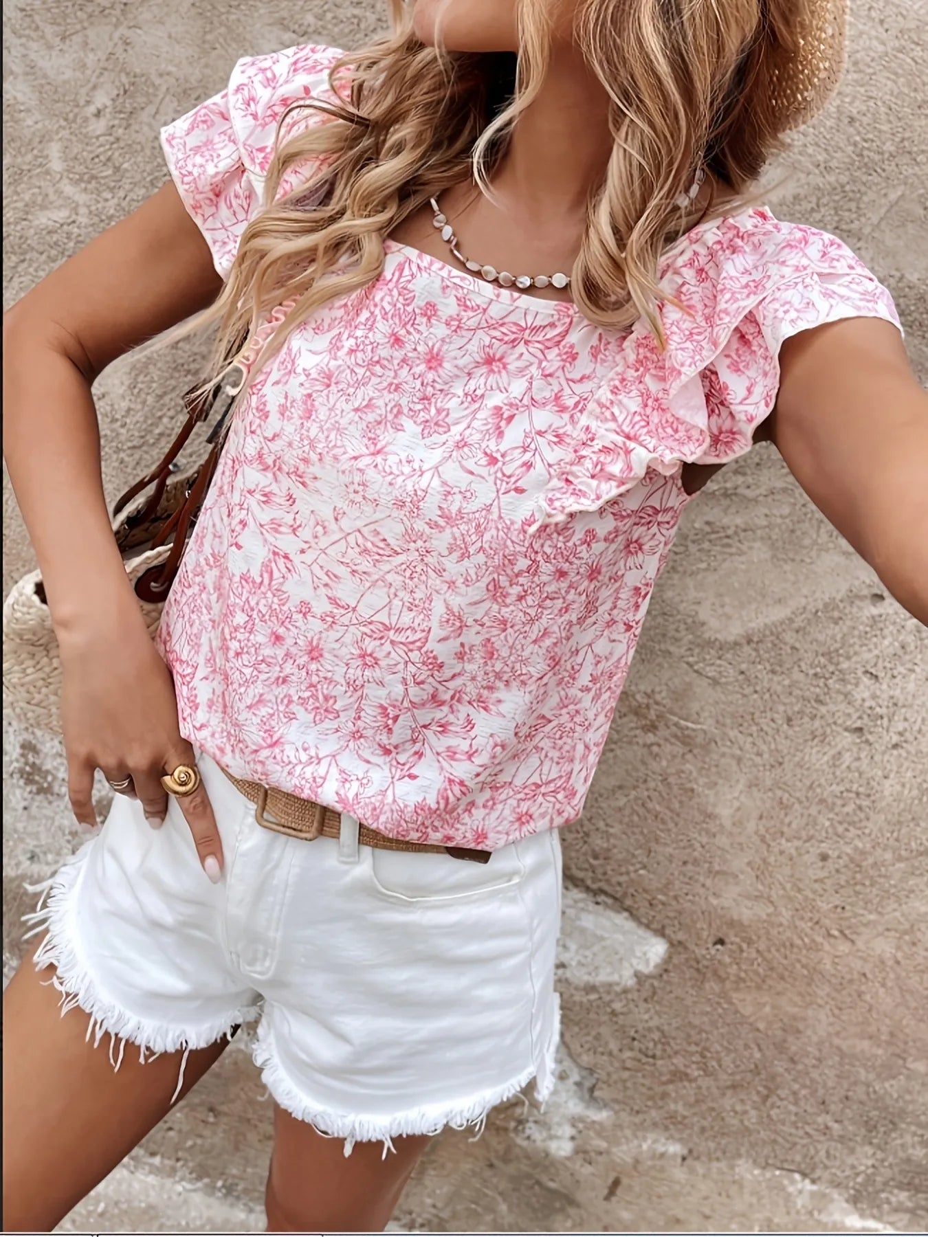 Bow Back Floral Print Ruffle Sleeve Blouse - Tigbul's Variety Fashion Shop