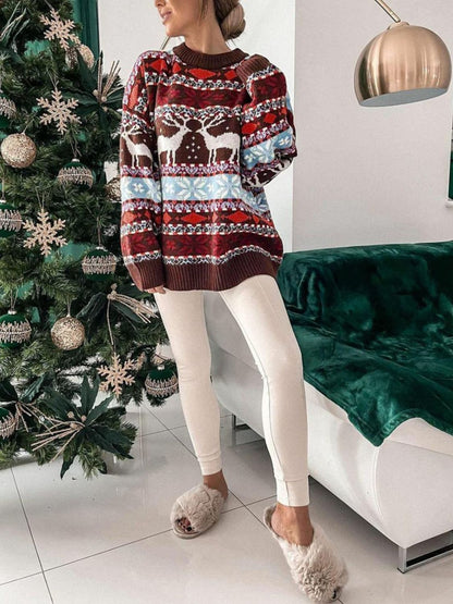 Geometric Round Neck Dropped Shoulder Sweater - Tigbul's Variety Fashion Shop