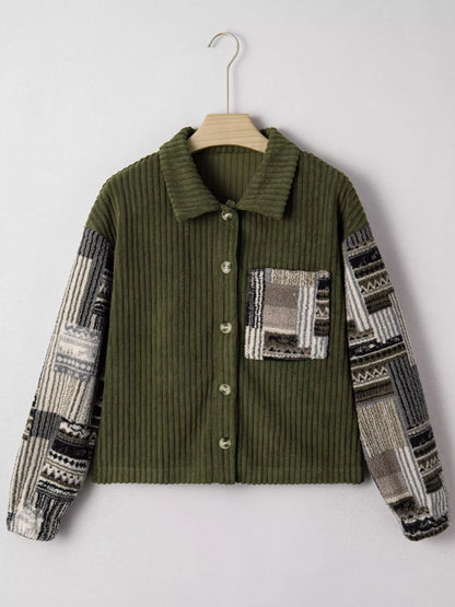 Ribbed Fleece Plaid Print Patchwork Button Up Jacket - Tigbul's Variety Fashion Shop