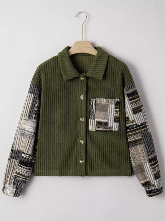 Ribbed Fleece Plaid Print Patchwork Button Up Jacket - Tigbul's Variety Fashion Shop