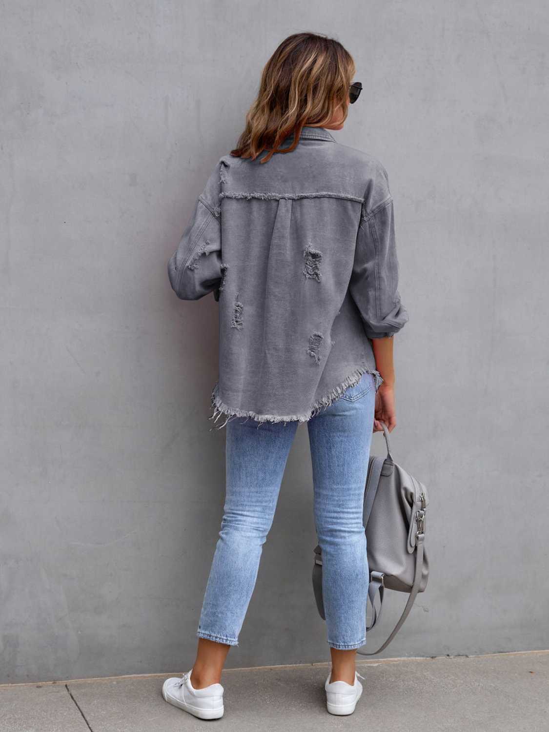 Distressed Drop Shoulder Denim Jacket - Tigbul's Variety Fashion Shop