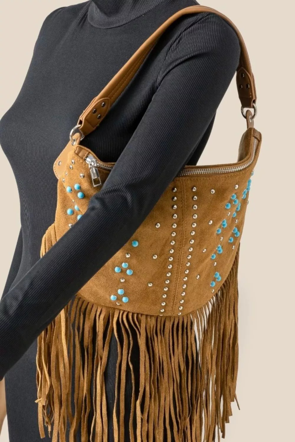 Fame Studded Pattern Multi Fringe Hobo Shoulder Bag - Tigbul's Variety Fashion Shop
