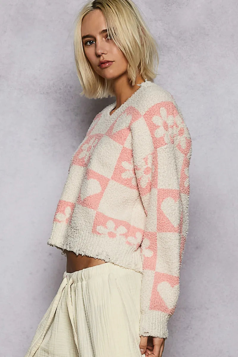 POL V-Neck Heart Pattern Checkered Sweater - Tigbul's Variety Fashion Shop