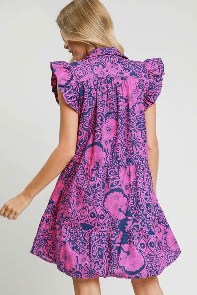 Navy/Pink Printed Ruffle Cap Sleeve Babydoll Dress - Tigbul's Variety Fashion Shop