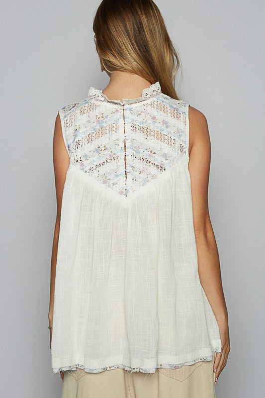 POL Lace Detail Floral Sleeveless Rayon Gauze Top - Tigbul's Variety Fashion Shop