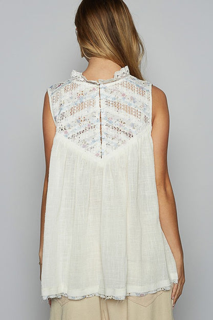 POL Lace Detail Floral Sleeveless Rayon Gauze Top - Tigbul's Variety Fashion Shop