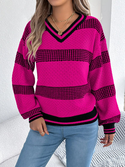Contrast Striped V-Neck Sweater - Tigbul's Variety Fashion Shop