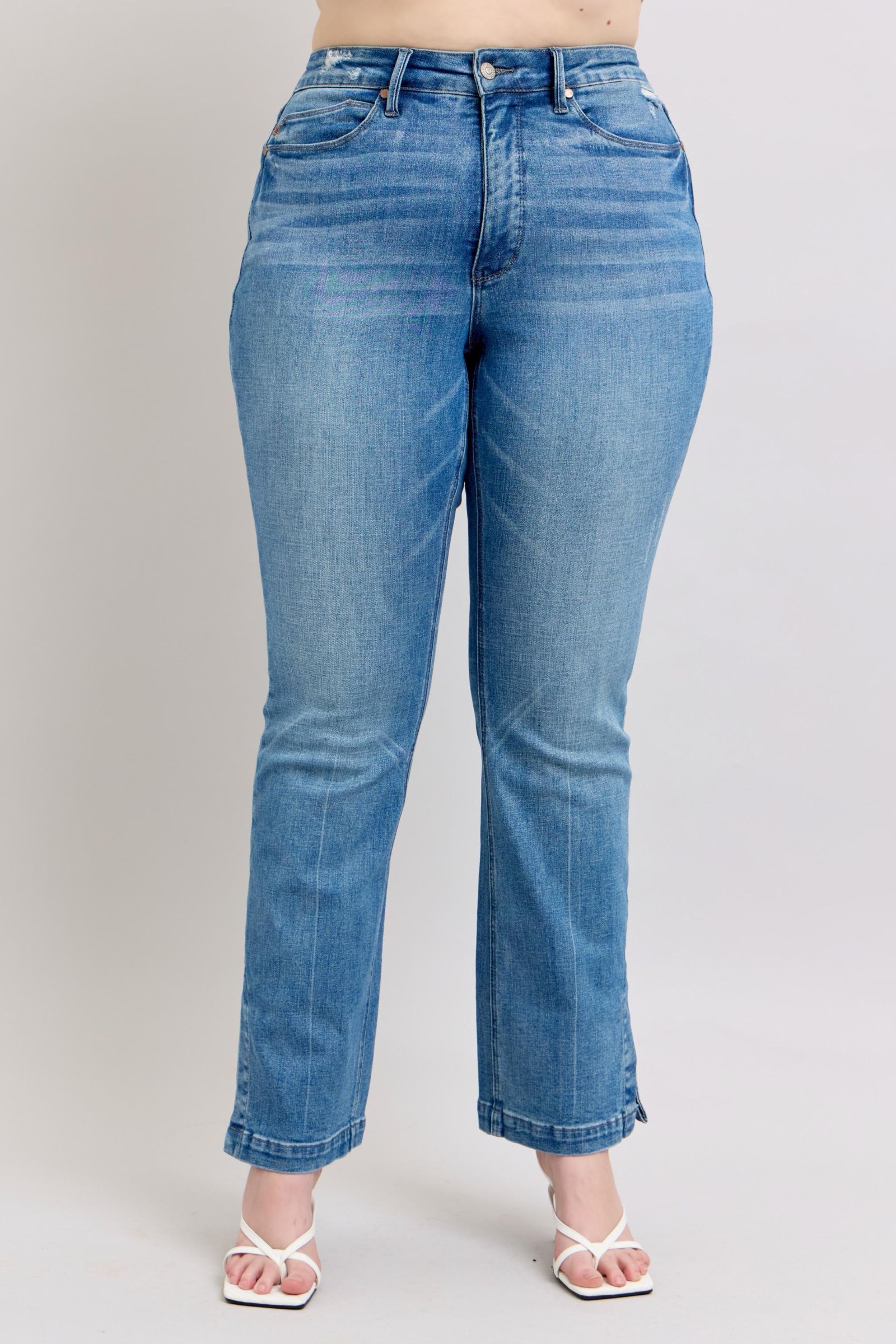 Judy Blue HW Tummy Control Vintage Wash Side Slit Slim Boot Jeans - Tigbul's Variety Fashion Shop