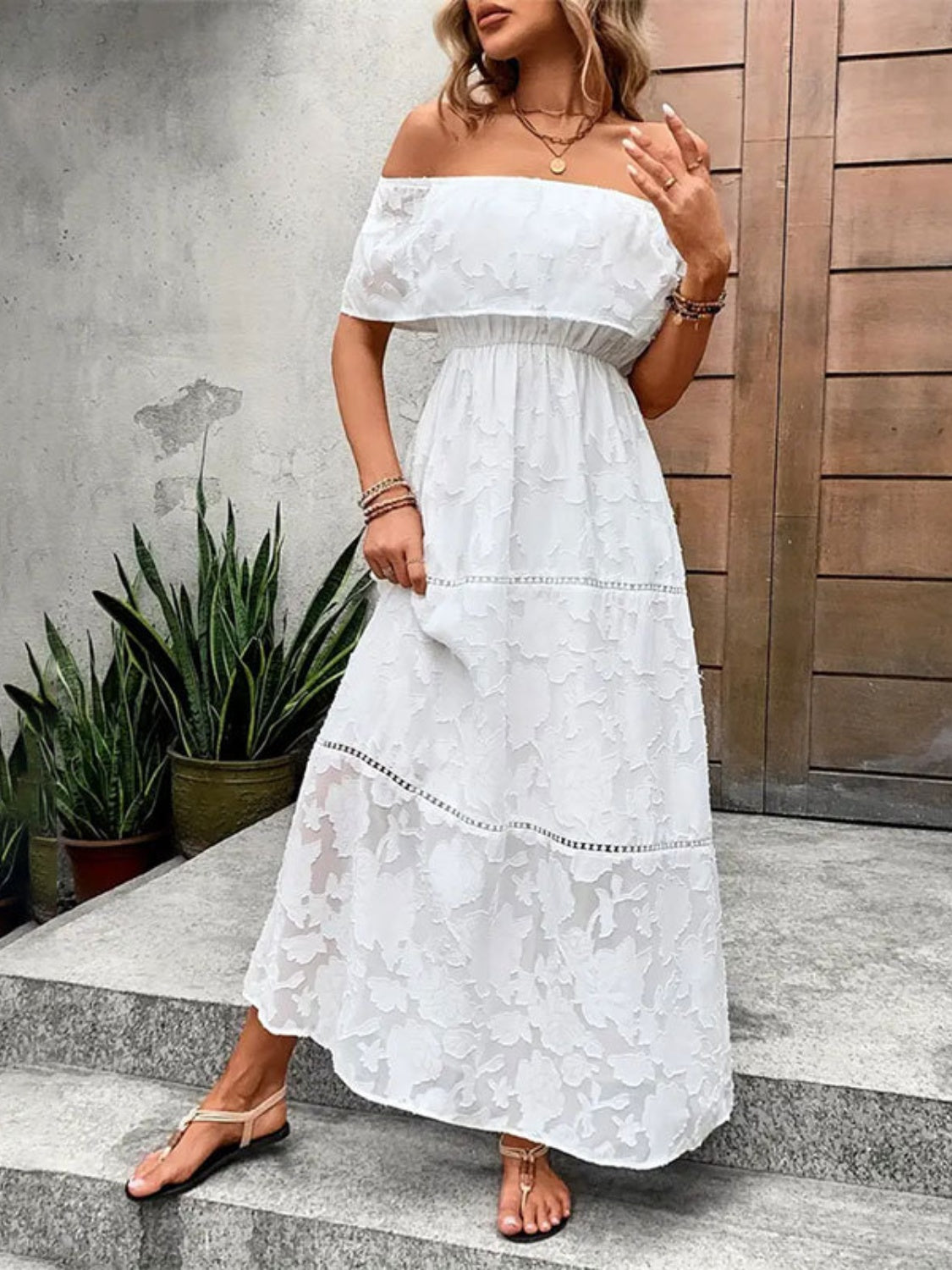 Off-Shoulder Short Sleeve Maxi Dress - Tigbul's Variety Fashion Shop