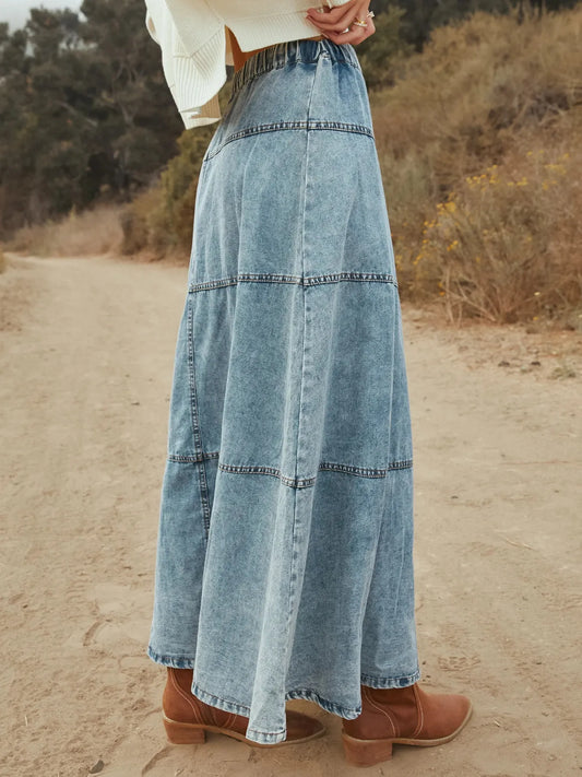Button-Front Tiered Maxi Denim Skirt - Tigbul's Variety Fashion Shop