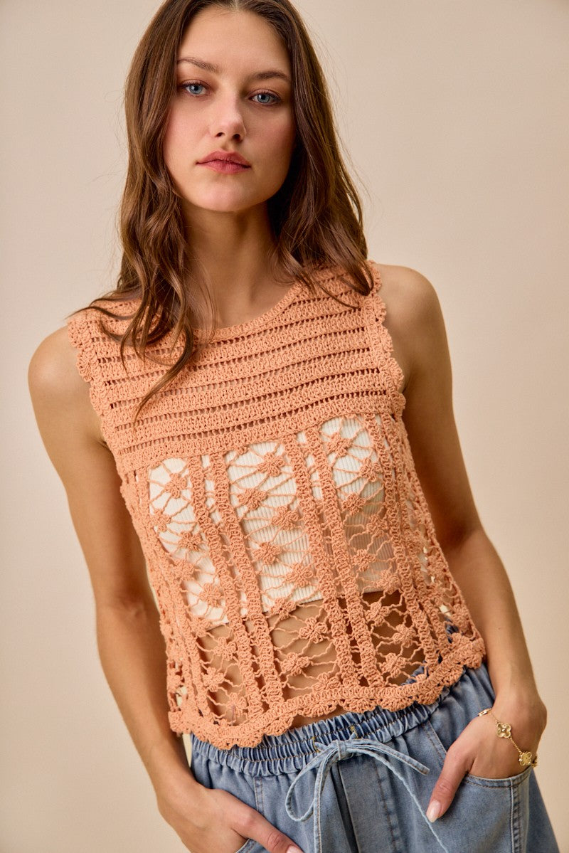 Peach Color Crochet Knit Lace Sweater Tank Top - Tigbul's Variety Fashion Shop