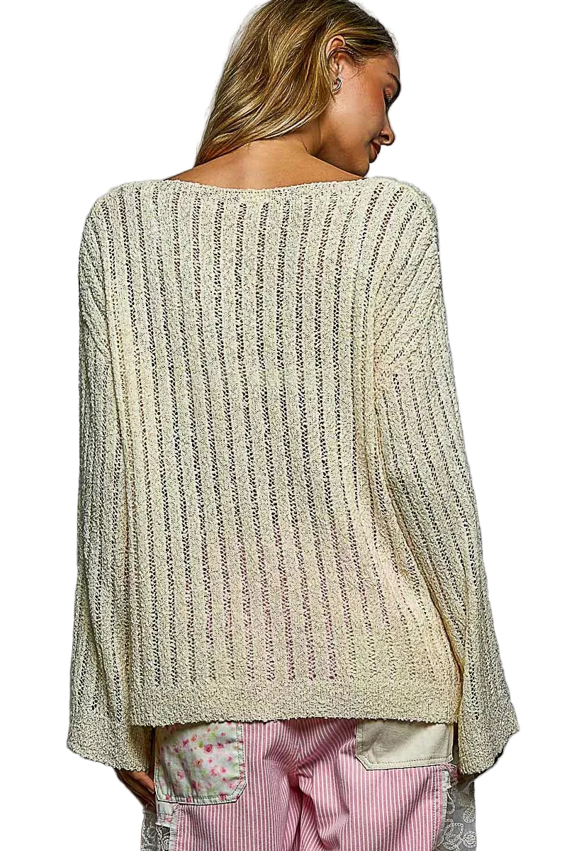 Tan open-weave back view sweater with round neckline and long sleeves