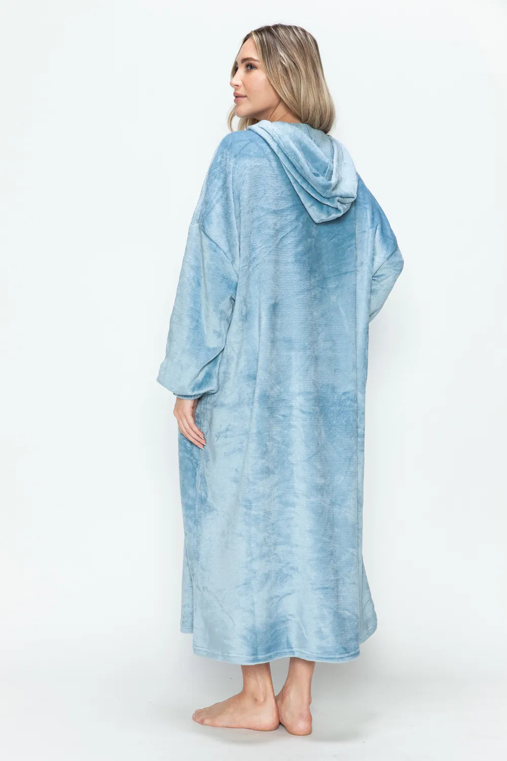 Pastel Blue hooded midi lounge dress, back view; relaxed hooded silhouette