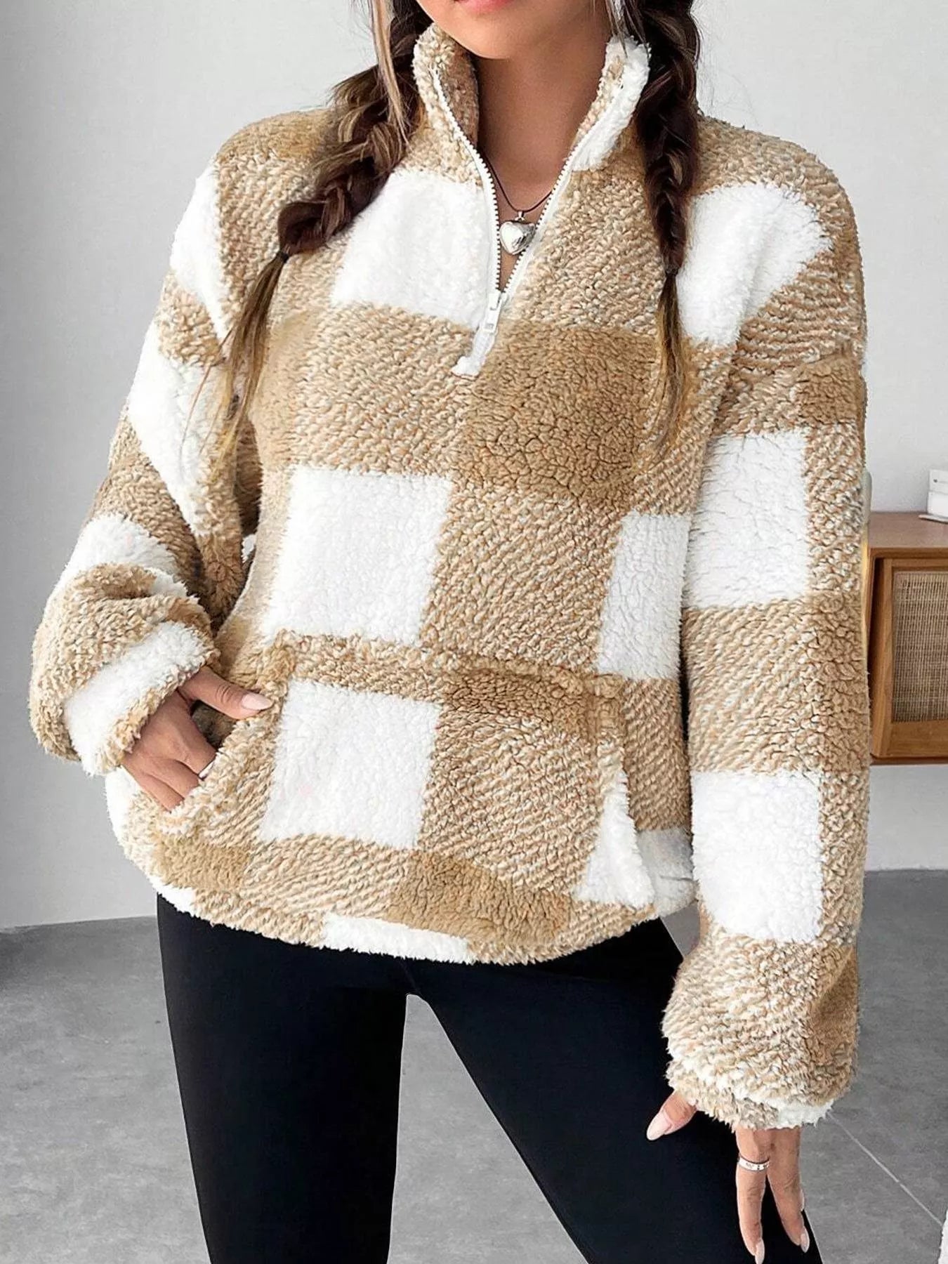 Full Size Plaid Sherpa Long Sleeve Sweatshirt Plus Size - Tigbul's Variety Fashion Shop