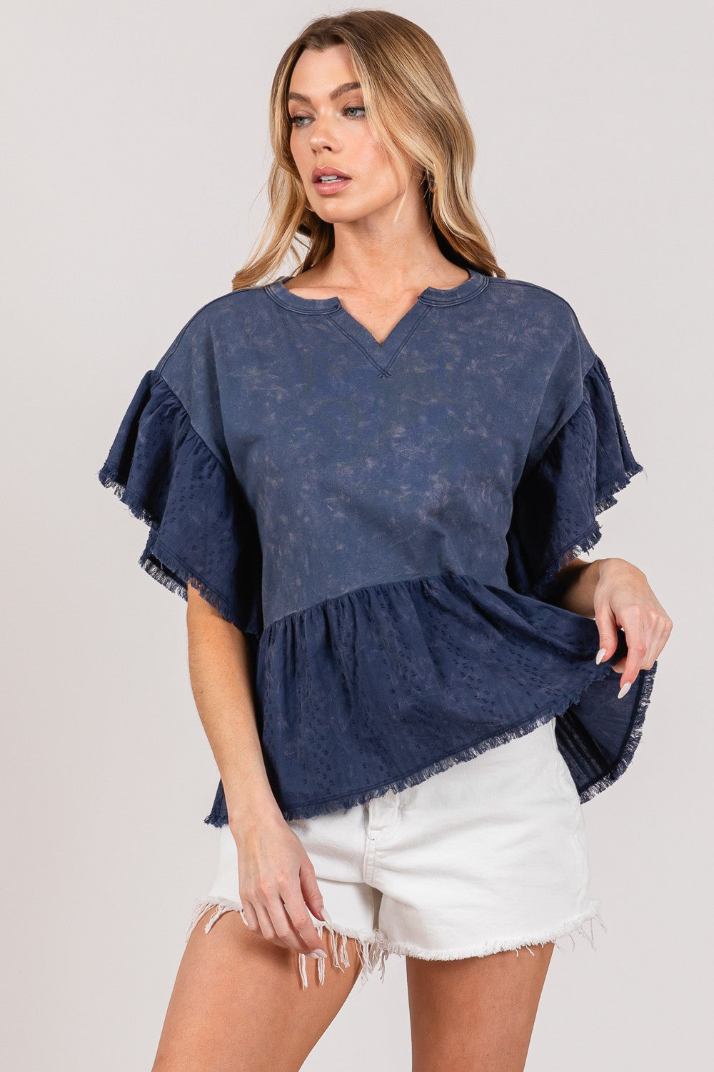 SAGE + FIG Ruffle Sleeve Washed Short Sleeve Blouse - Tigbul's Variety Fashion Shop