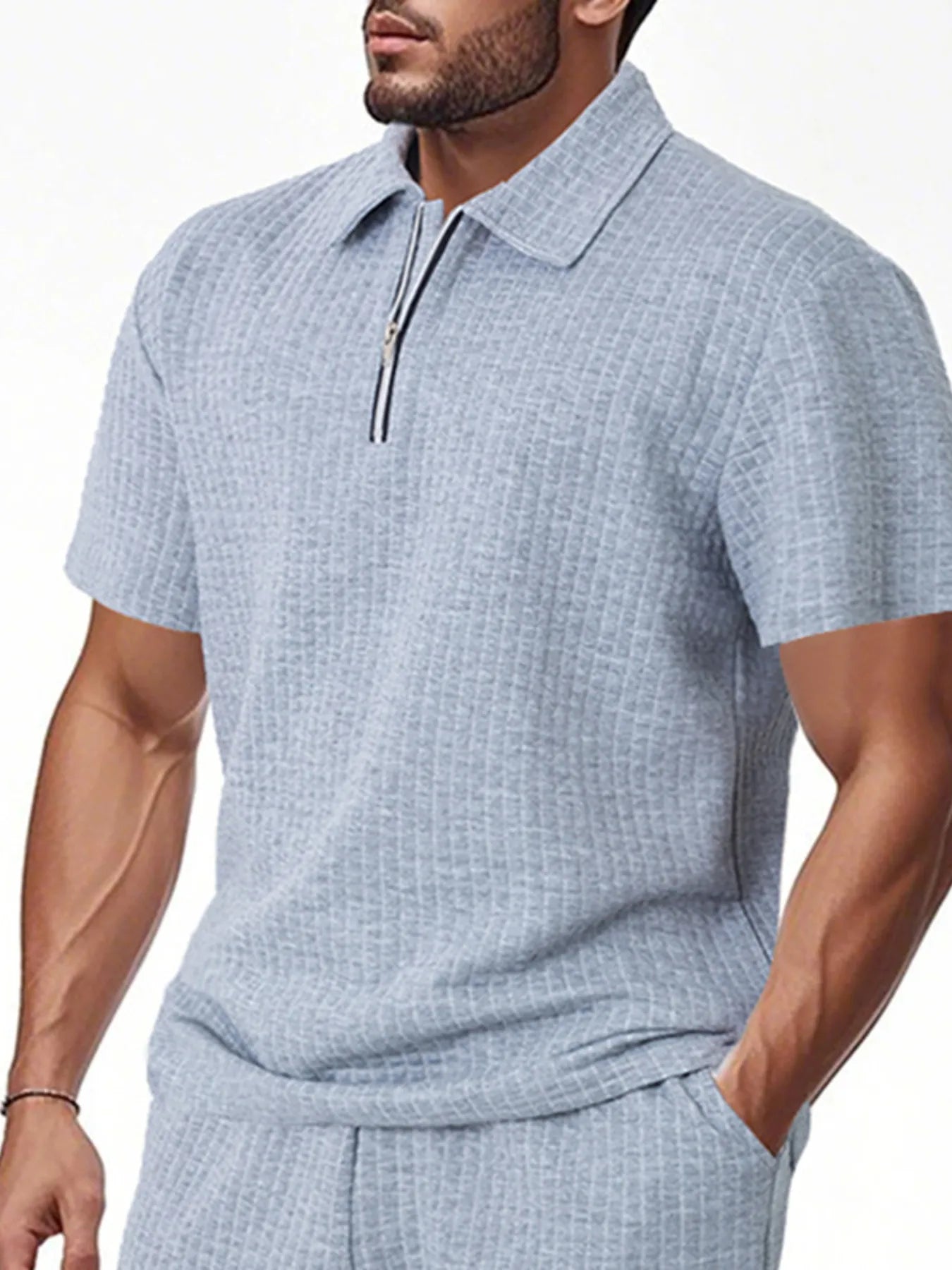 Men's Full Size Waffle Short Sleeve Polo with Zipper Detail Plus Size - Tigbul's Variety Fashion Shop