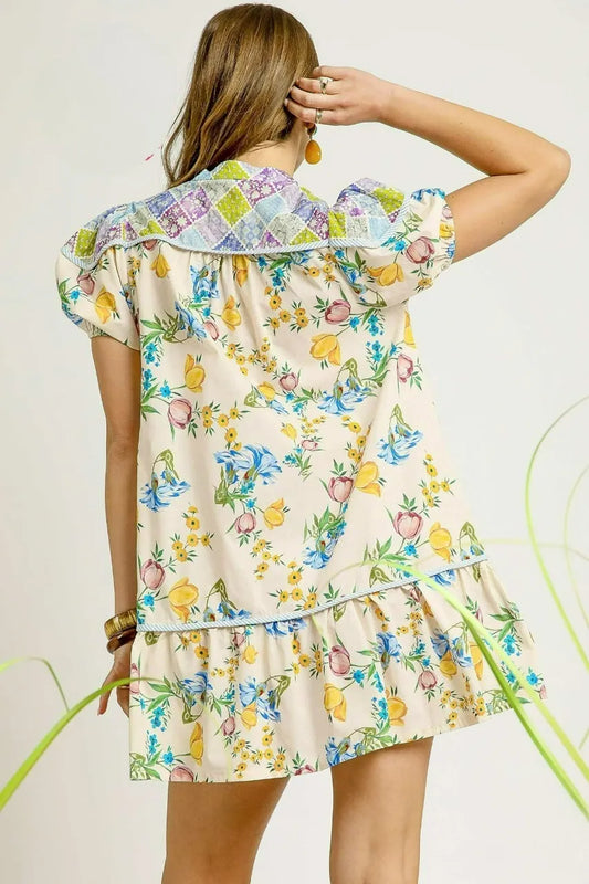 Umgee Floral Print Tie Neck Puff Sleeve Dress - Tigbul's Variety Fashion Shop