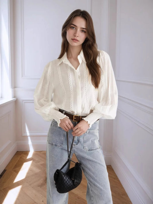 Collared Neck Lantern Sleeve Shirt - Tigbul's Variety Fashion Shop