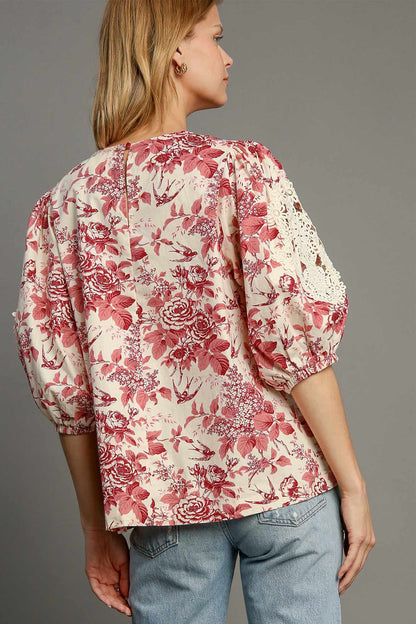 Umgee Floral Pleated Detail Lace Trim Sleeve Blouse - Tigbul's Variety Fashion Shop