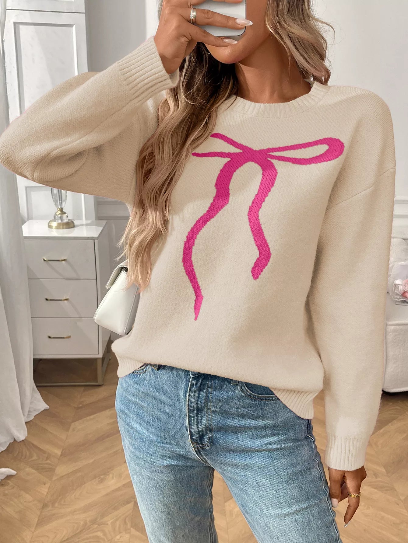 Bow Round Neck Long Sleeve Sweater - Tigbul's Variety Fashion Shop