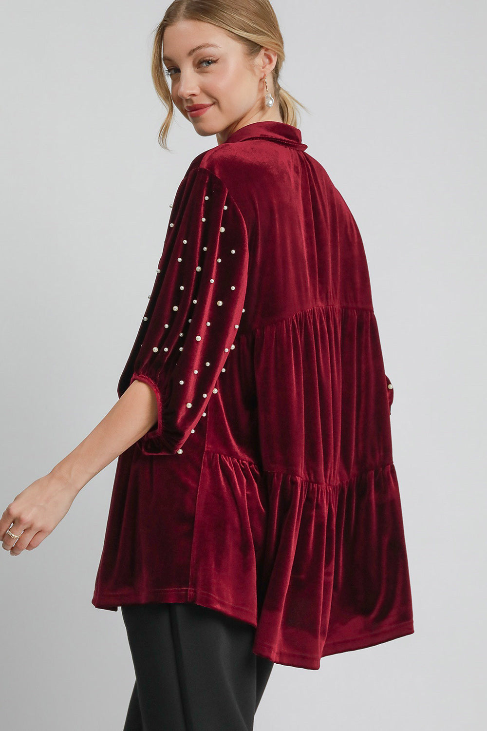 Pearl Detail Collared Neck Velvet Babydoll Blouse - Tigbul's Variety Fashion Shop